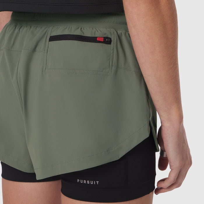 Tetra-Lite Liner Short in sage worn by model, side view showing layered design with black undershorts