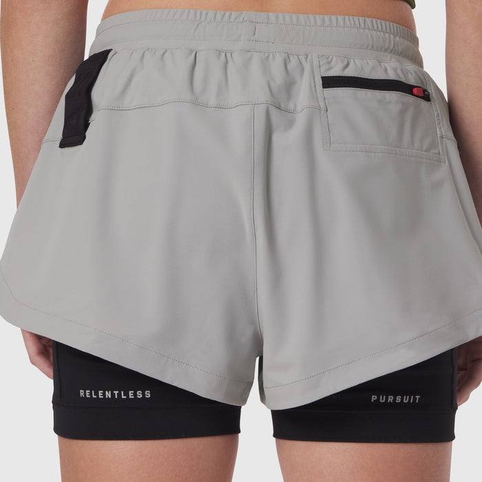 Tetra-Lite Liner Short in Slate Grey worn by model, back view showing layered design