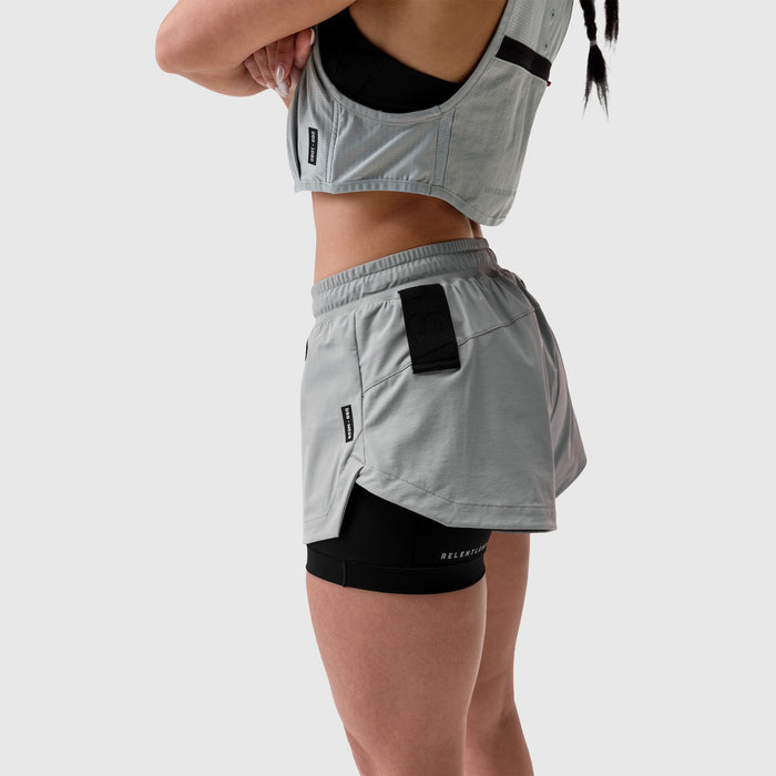 W025 Tetra-Lite Liner Short in slate grey worn with matching sports bra, side view