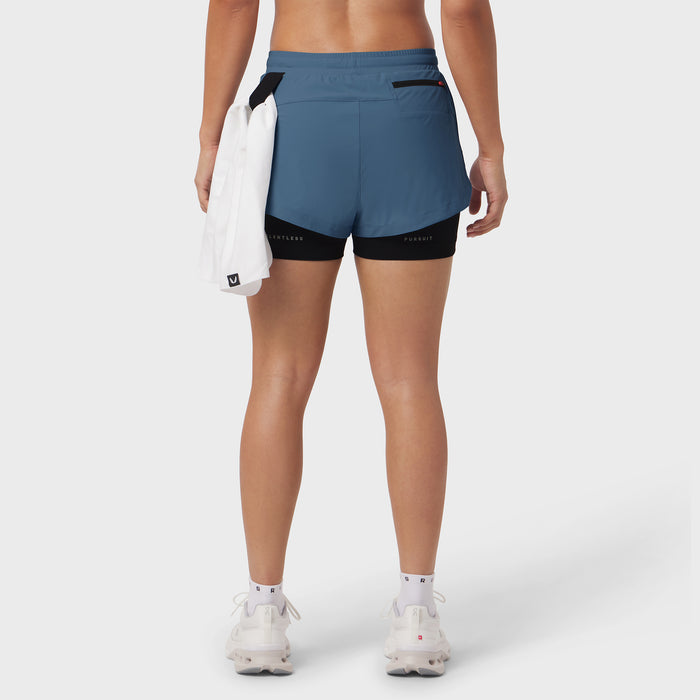 W025 Tetra-Lite Liner Short in storm blue with black liner, back view on model