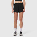 Aerotex Side Split Run Short in black, worn by model with white socks and athletic shoes, front view