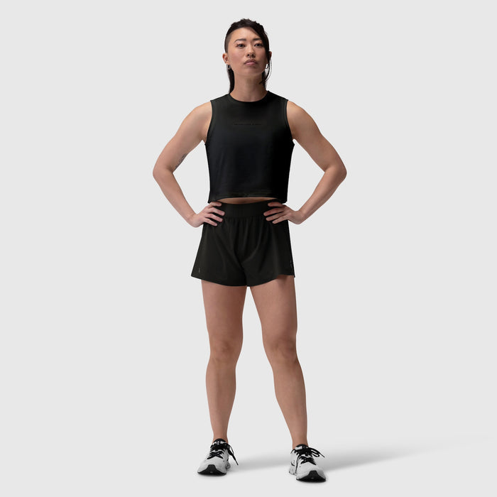 Black Aerotex Side Split Run Short worn by model in standing pose, front view