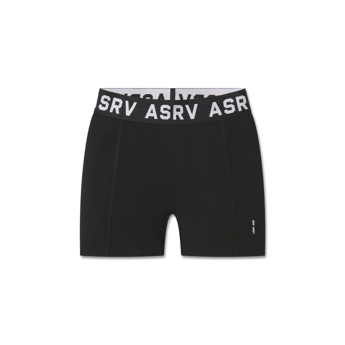 Flatlay of LYCRA® Ribbed Short in black with gray waistband, front view
