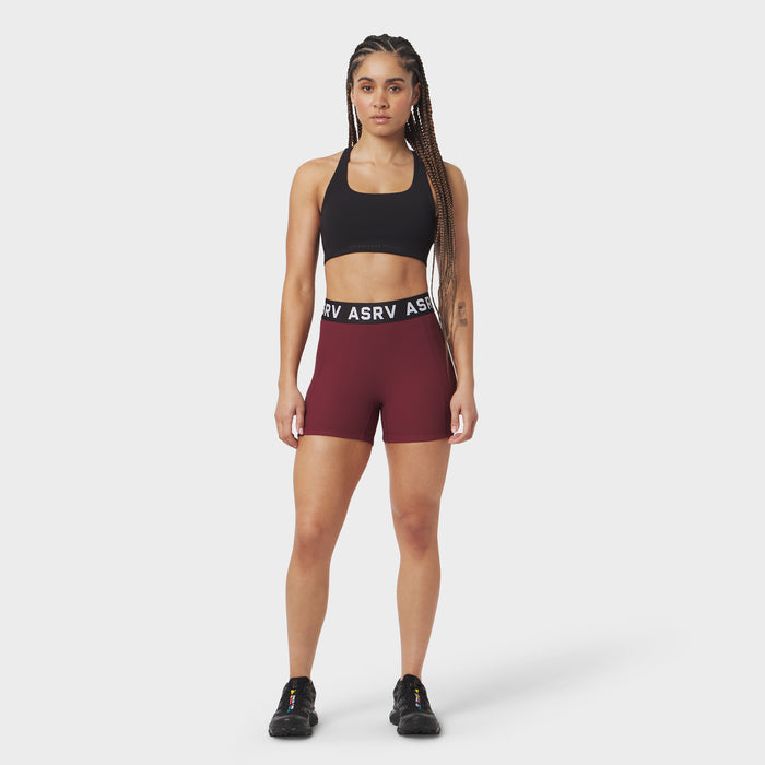 W027 Lycra Ribbed Short in crimson worn by model, front view