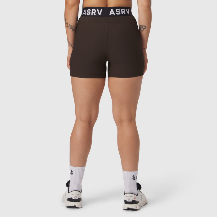 W027 Lycra Ribbed Short in dark earth, worn by model shown from behind