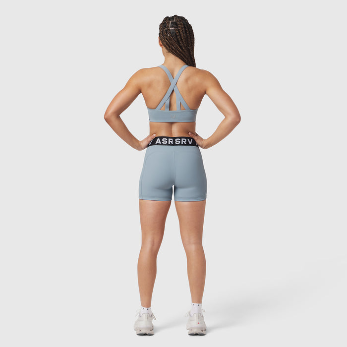 W027 Lycra Ribbed Short in light sky, rear view on model