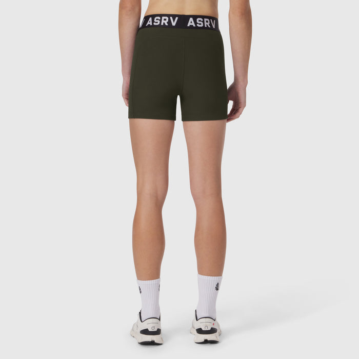 LYCRA® Ribbed Short in olive worn by model from behind, styled with white socks and sneakers