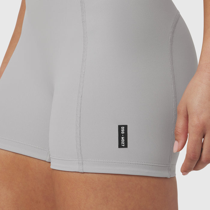 W027 Lycra Ribbed Short in Slate Grey, worn by model showing fit and side detail