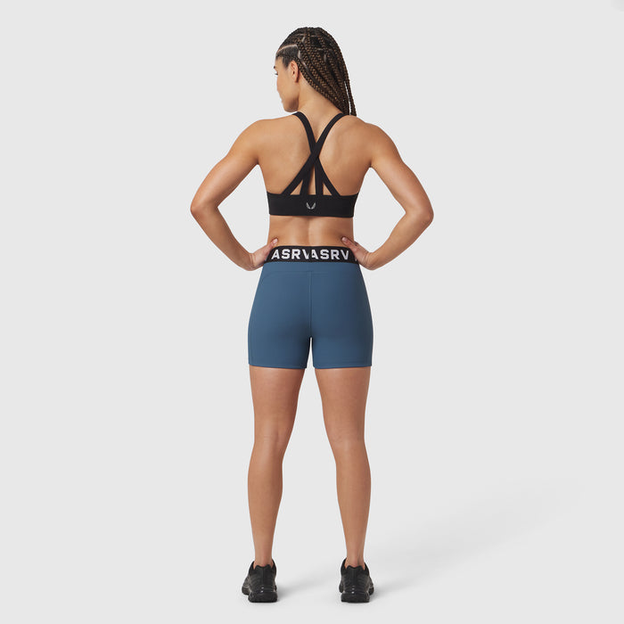W027 Lycra Ribbed Short in storm blue, rear view on model