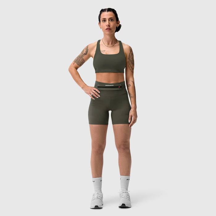 W029 Lycra 3-in-1 Biker Short in olive, worn with matching sports bra, front view