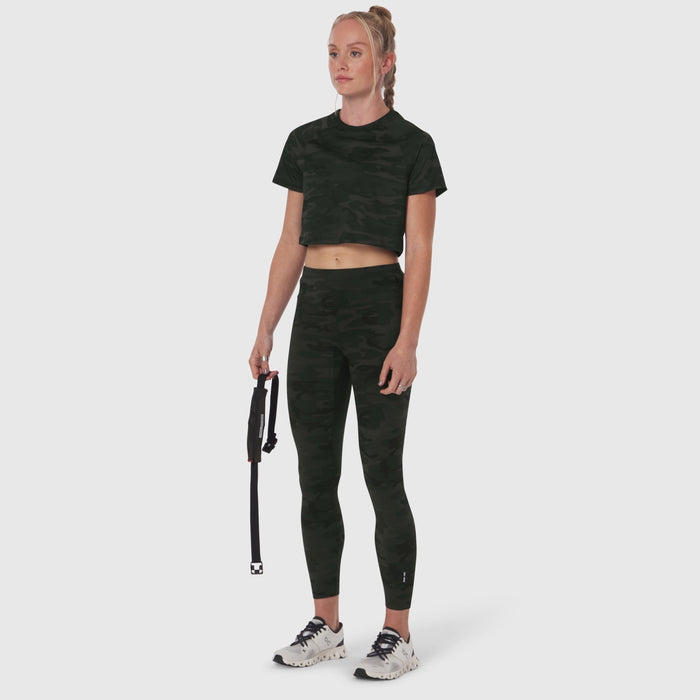 W030 LYCRA 3-in-1 Legging in Dark Camo, worn with matching crop top, front view