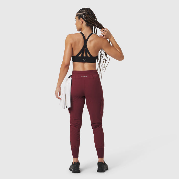 Tetra-Lite Cargo High Rib Jogger in crimson, back view on model