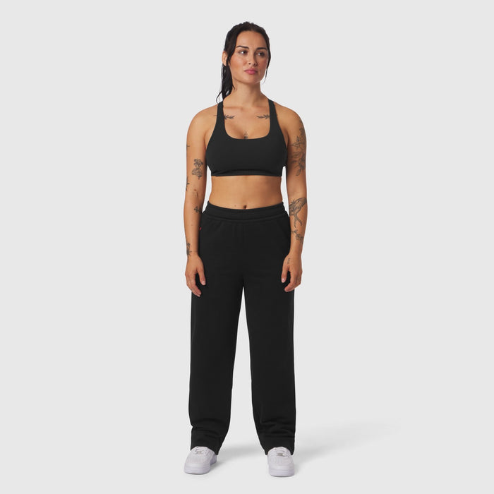Black Sorona® Terry straight leg sweats on model, front view