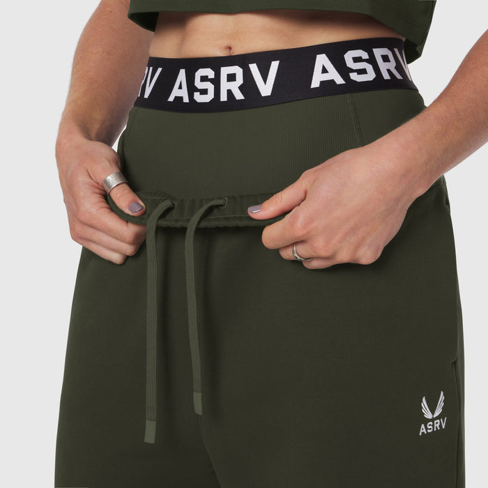 Olive Sorona® Terry straight leg sweats worn by model, waist detail view