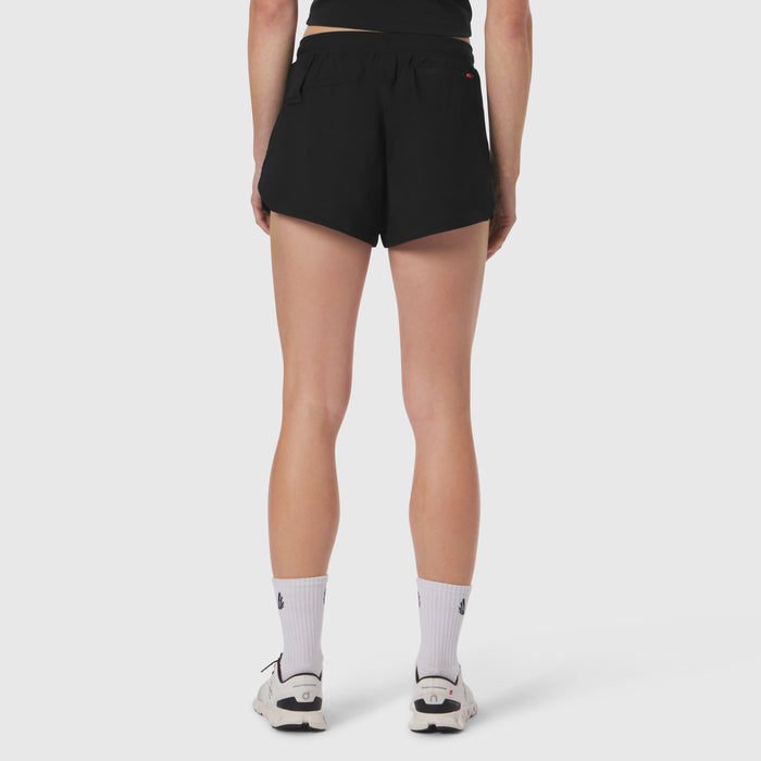 Black Tetra-Lite Linerless Shorts worn by model, back view with white socks and sneakers