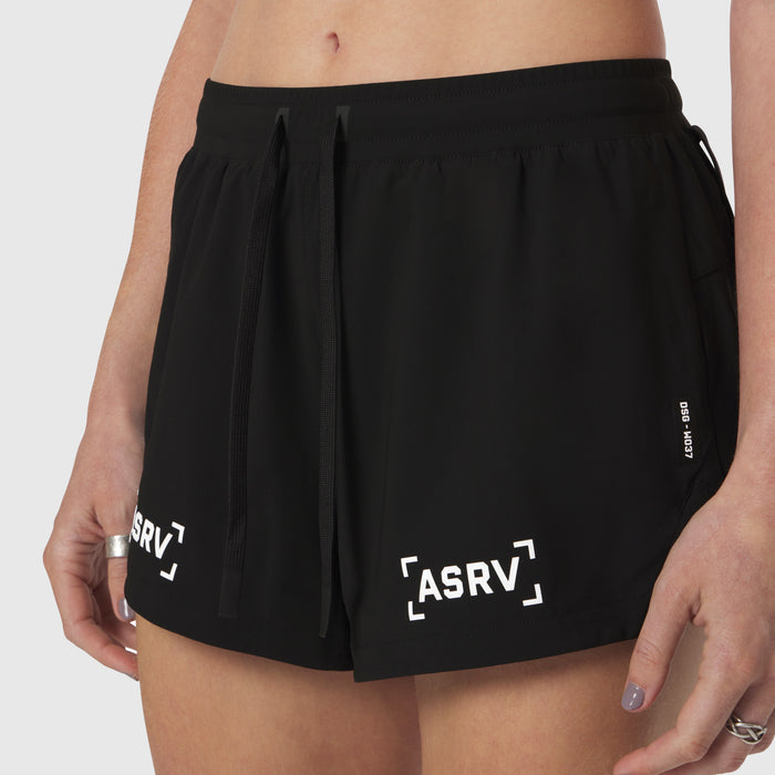 Tetra-Lite Linerless Short in black with 'Bracket' logo, worn by model, front view