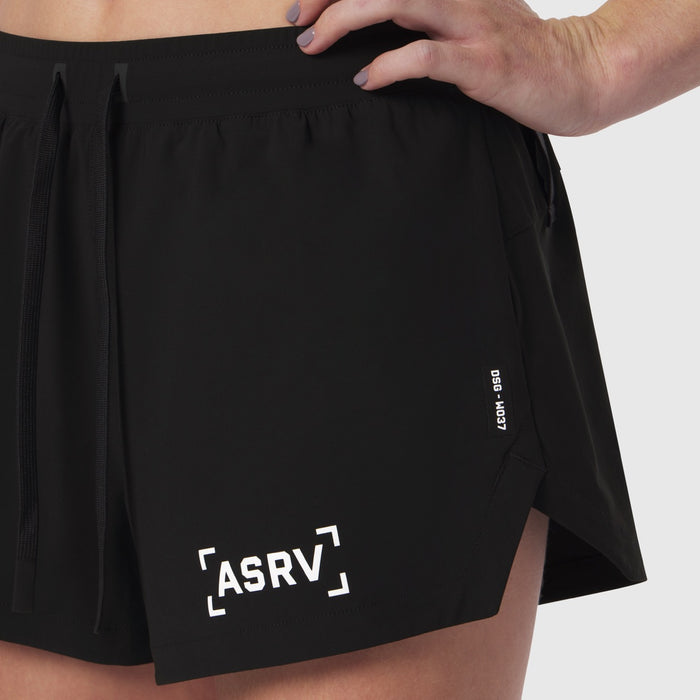 ASRV Tetra-Lite Linerless Short in black, worn by model showing front view with branding details