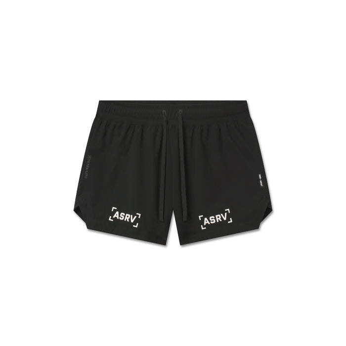 Flatlay of ASRV W037 Tetra-Lite Linerless Shorts in black with bracket logo, front view