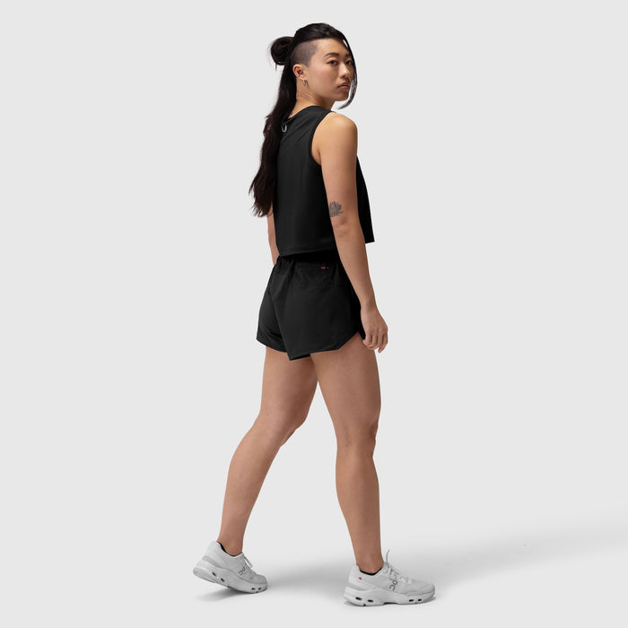 W037 Tetra-Lite Linerless Short in black, worn by model in side profile stance