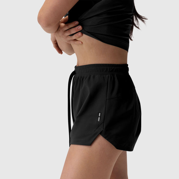 W037 Tetra-Lite® Linerless Short in black, worn by model showing side view