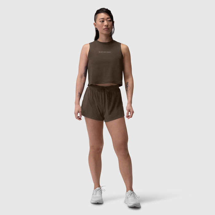 Tetra-Lite Linerless Short in Dark Earth, worn with matching crop tank top on model