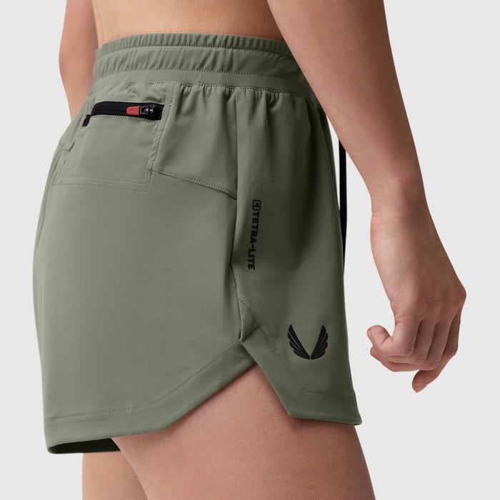Tetra-Lite Linerless Short in sage worn by model, side view showing pocket detail