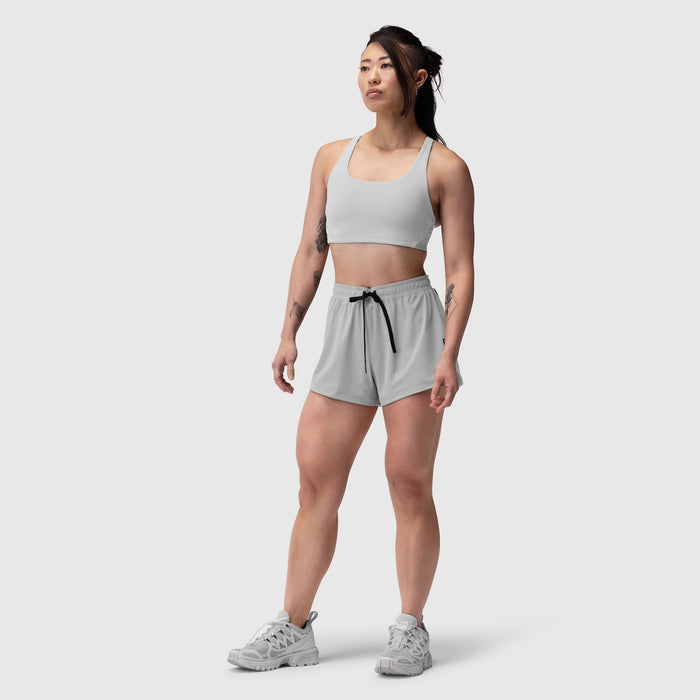 Tetra-Lite Linerless Short in Slate Grey, worn by model standing against white background
