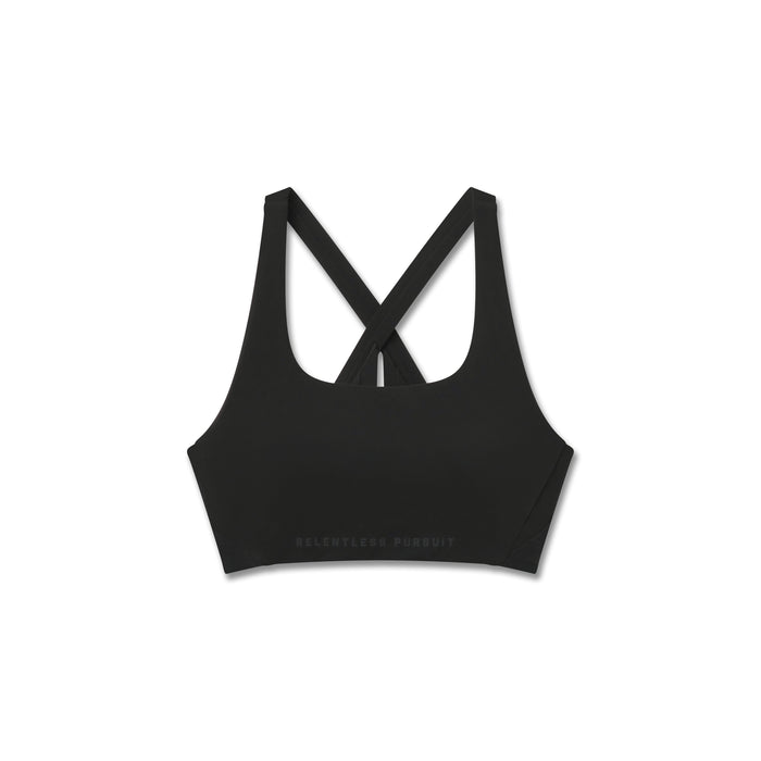 Flatlay of black Lycra hybrid sports bra with crossback straps, front view