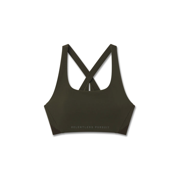 Flatlay of W039 Lycra Hybrid Sports Bra in olive with cross-back straps, front view