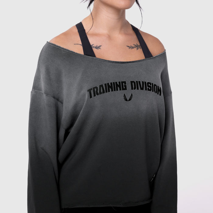 Raw Hem Oversized Crewneck in black sun fade worn by model, front view