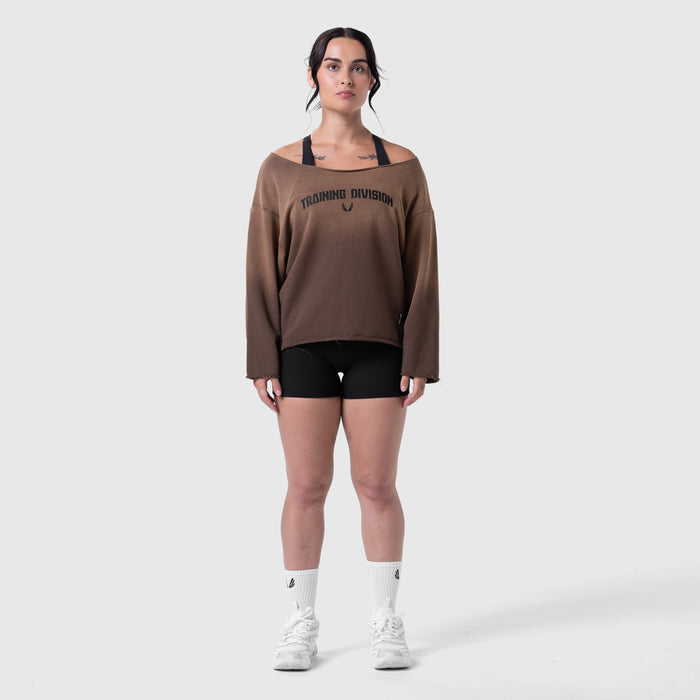 Raw Hem Oversized Crewneck in dark earth, worn with black shorts and white socks
