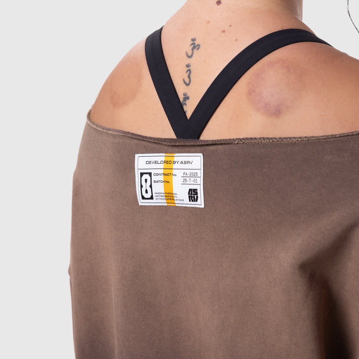 Raw Hem Oversized Crewneck in dark earth worn by model, back view showing tattoo and label