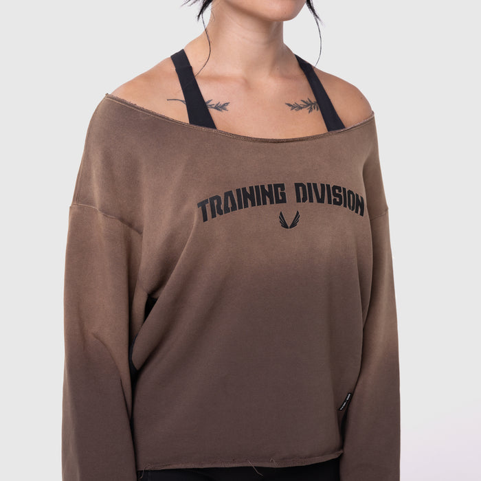 Raw Hem Oversized Crewneck in dark earth worn by model, front view