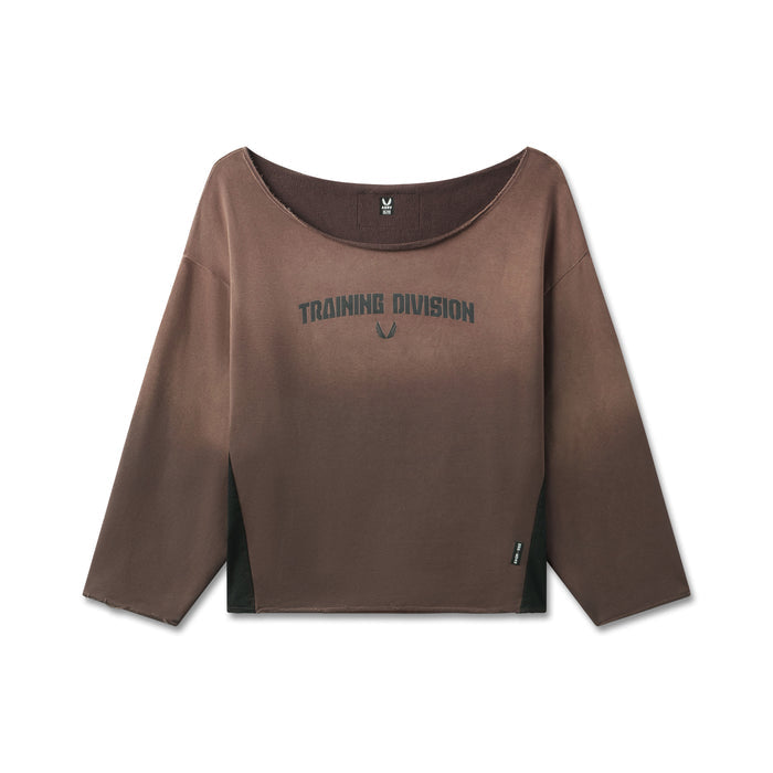 flatlay of raw hem oversized crewneck in dark earth with Training Division text, front view