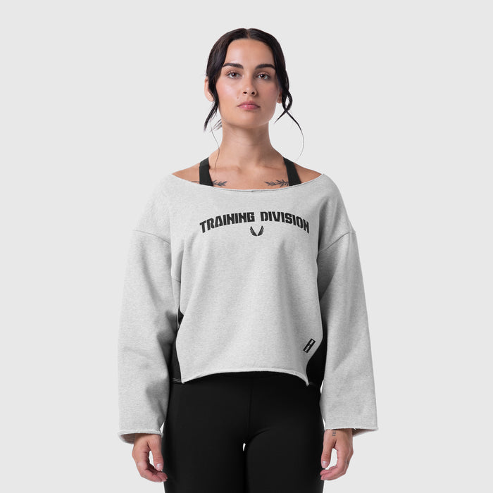 Raw Hem Oversized Crewneck in heather grey, worn by model, front view