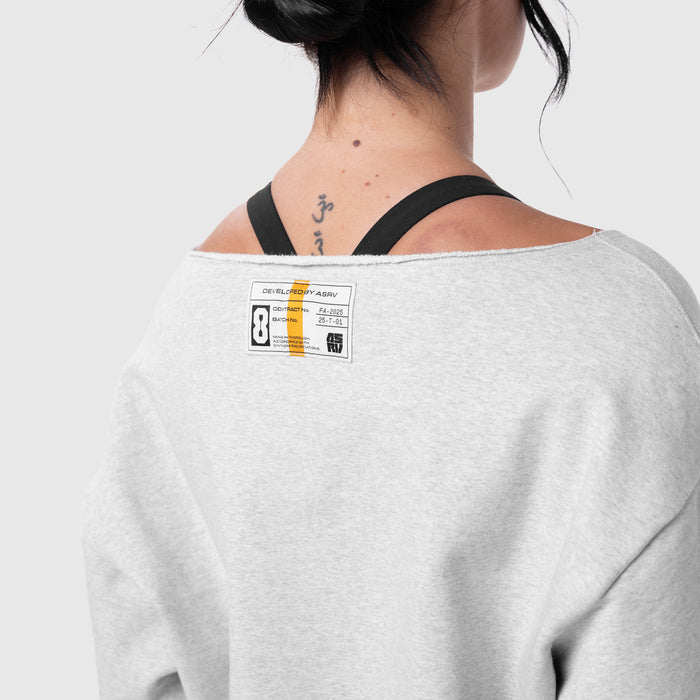 Raw Hem Oversized Crewneck in Heather Grey worn by model, back view showing label detail