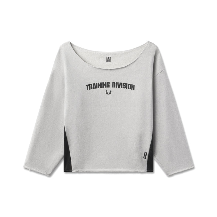 flatlay W049 Raw Hem Oversized Crewneck in heather grey with Training Division text, front view