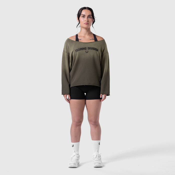 Raw Hem Oversized Crewneck in olive worn with black shorts and white socks, front view