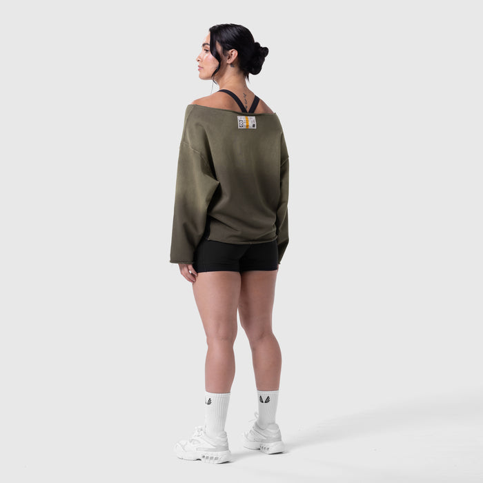 Raw Hem Oversized Crewneck in olive worn with black shorts and white socks, back view
