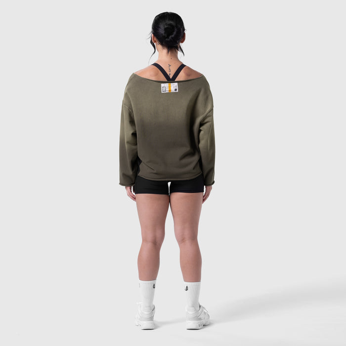 Raw hem oversized crewneck in olive worn by model, back view