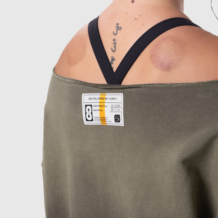 Raw Hem Oversized Crewneck in olive worn by model from behind, showing back label detail