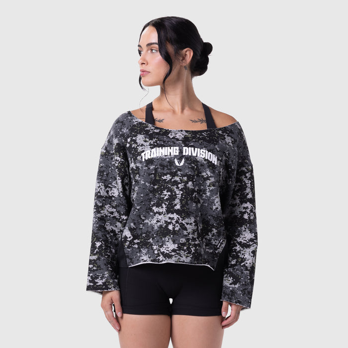 Raw Hem Oversized Crewneck in pixel camo worn by model, front view