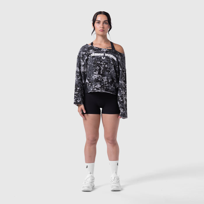Raw Hem Oversized Crewneck in pixel camo worn with black shorts, front view