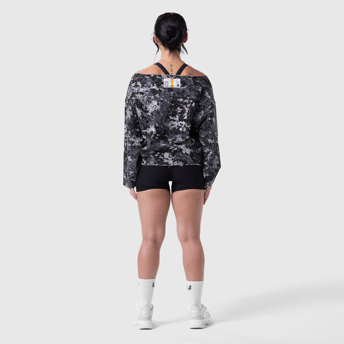 W049 Raw Hem Oversized Crewneck in pixel camo worn by model, back view