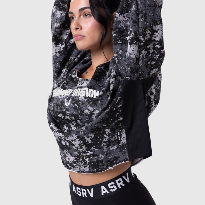 Raw Hem Oversized Crewneck in pixel camo worn by model with arms raised overhead