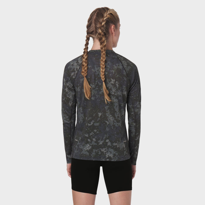 Polartec® Delta Longsleeve in pixel camo, back view on model with braided hair