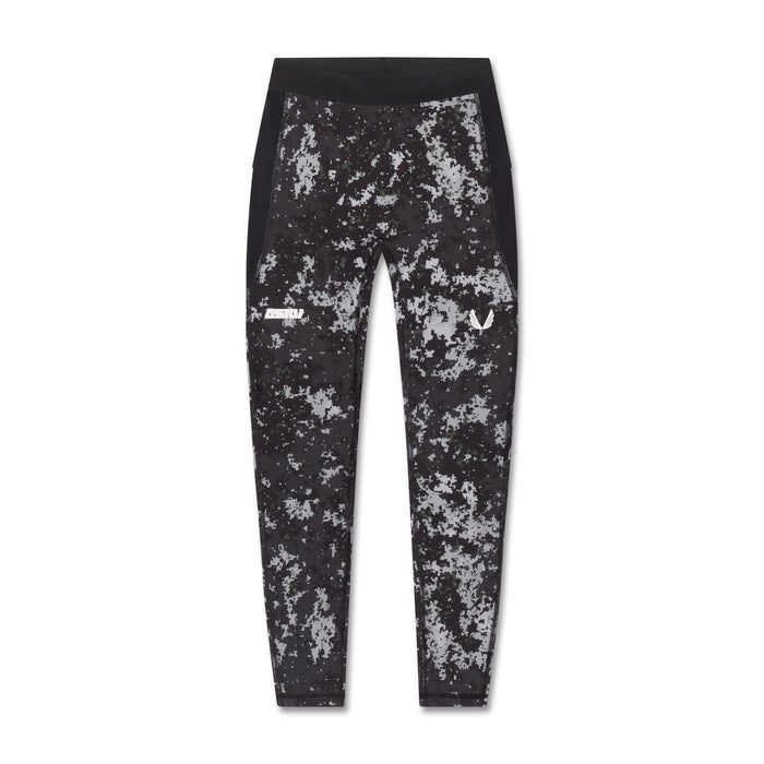 flatlay W055 Lycra Ribbed Running Tight in black with white pixel camo print, front view