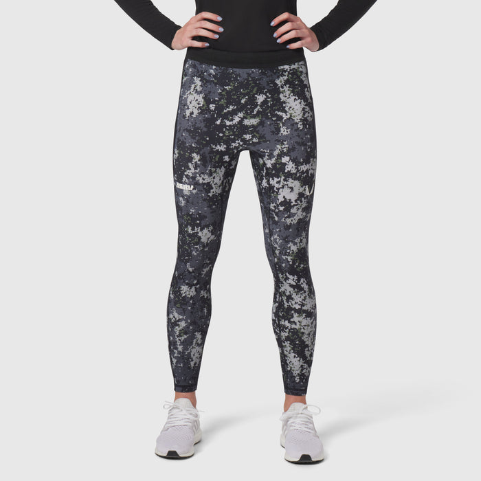 W055 Lycra Ribbed Running Tight in pixel camo worn by model, front view