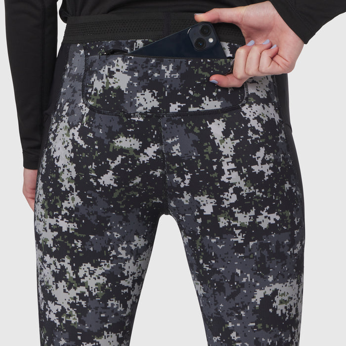 W055 Lycra® Ribbed Running Tight in Pixel Camo worn by model, phone in waistband pocket
