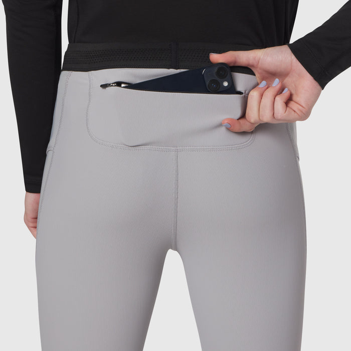 Lycra® Ribbed Running Tight in slate grey, worn by model with hand in back pocket